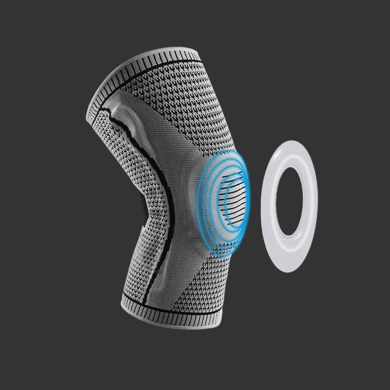 Knee brace with thickened silica gel and shock absorption massage features on a black background
